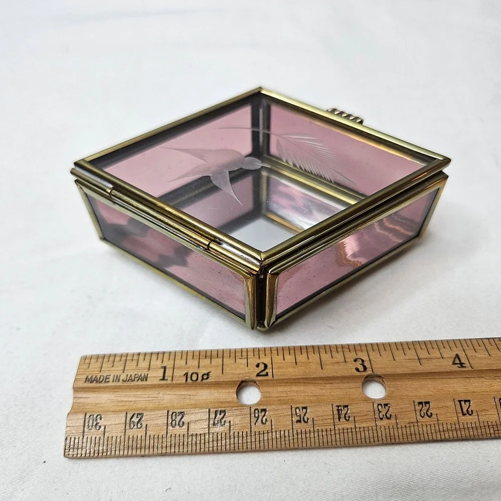 Via Vermont Vintage Pink Glass Brass Diamond Trinket Box Etched Bird Mexico